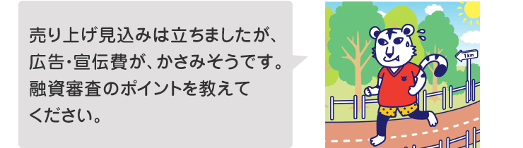 売り上げ見込みは立ちましたが、広告・宣伝費が、かさみそうです。融資審査のポイントを教えてください。